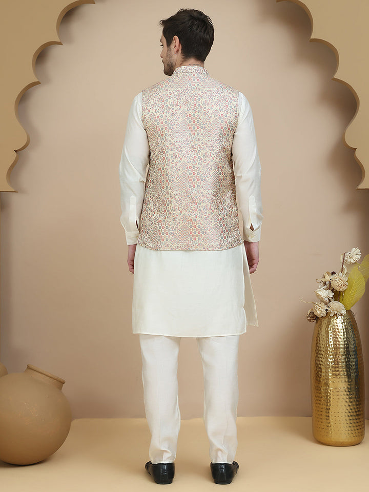 Woven Design Nehru Jacket With Solid Kurta Set For Men