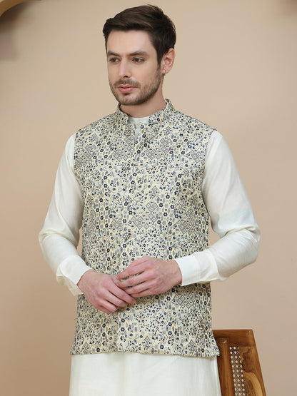Woven Design Nehru Jacket With Solid Kurta Set For Men