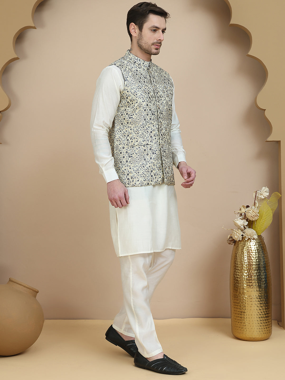 Woven Design Nehru Jacket With Solid Kurta Set For Men
