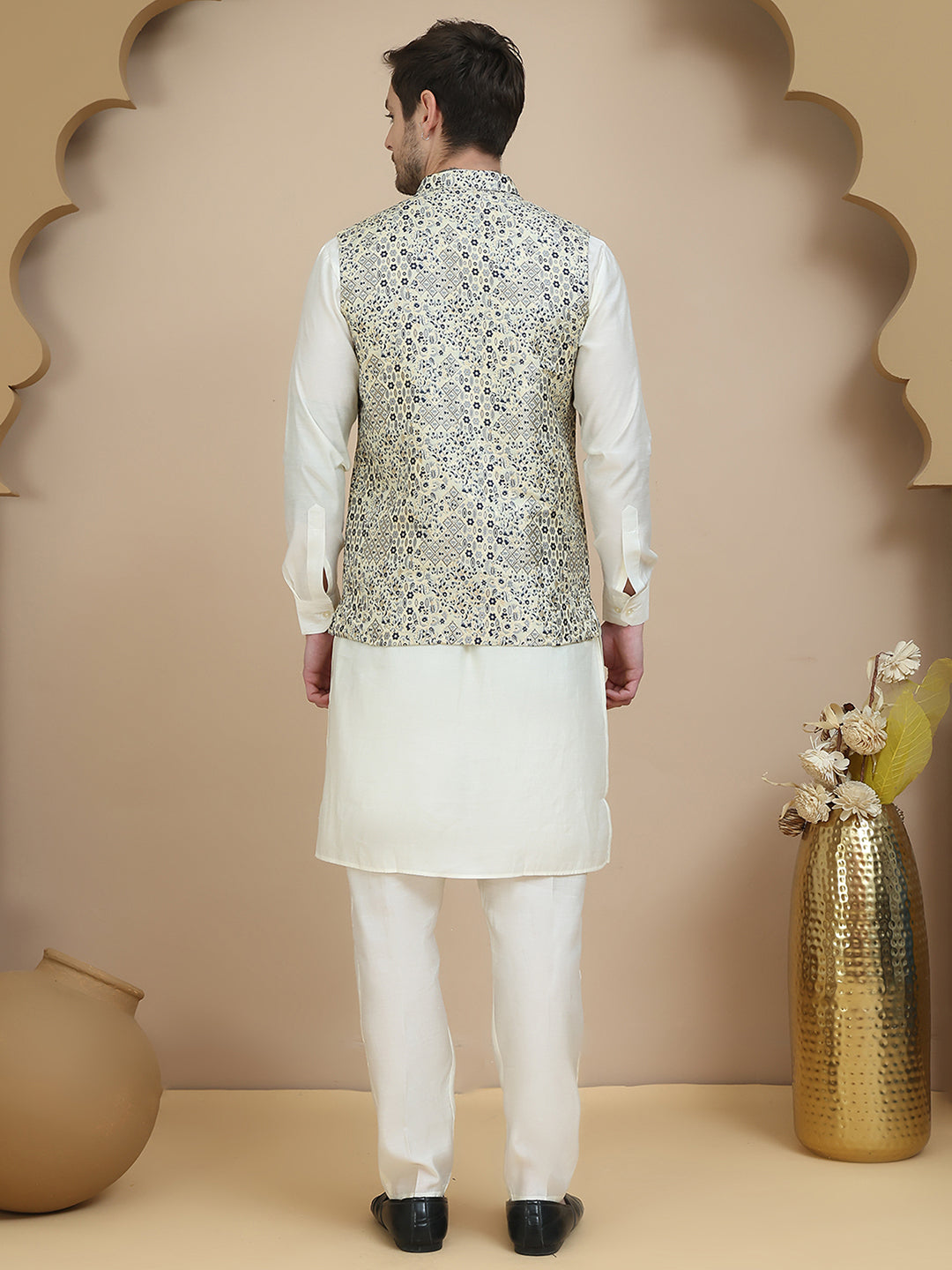 Woven Design Nehru Jacket With Solid Kurta Set For Men