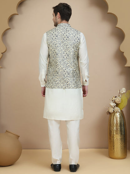 Woven Design Nehru Jacket With Solid Kurta Set For Men