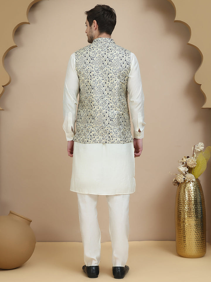 Woven Design Nehru Jacket With Solid Kurta Set For Men