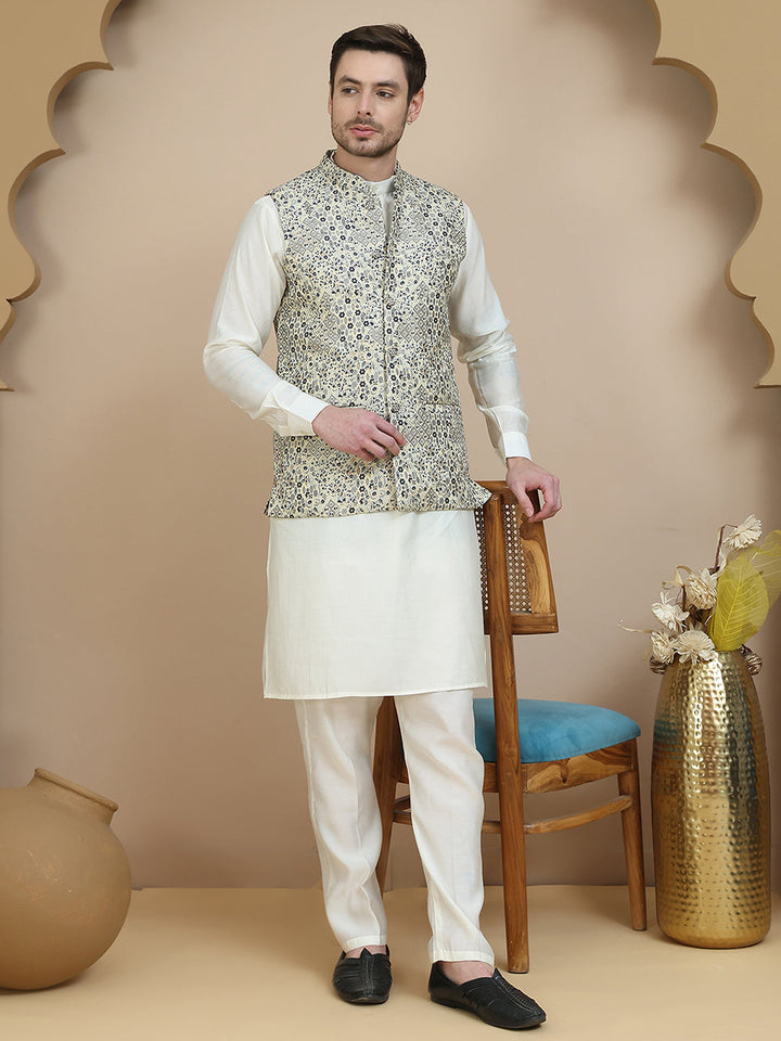 Woven Design Nehru Jacket With Solid Kurta Set For Men