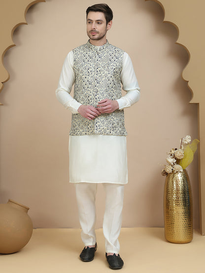 Woven Design Nehru Jacket With Solid Kurta Set For Men