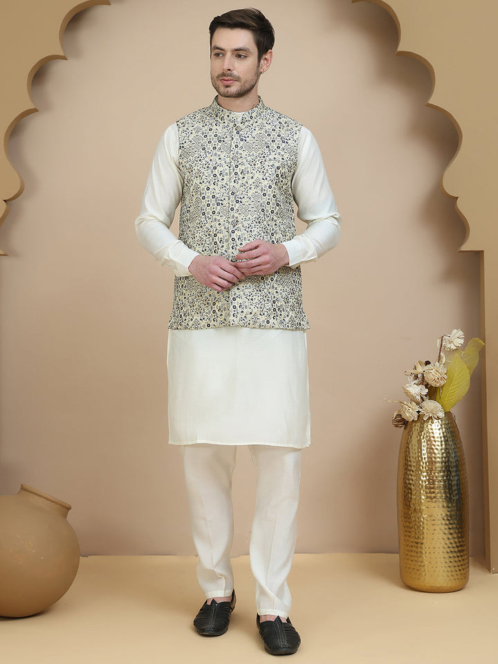 Woven Design Nehru Jacket With Solid Kurta Set For Men