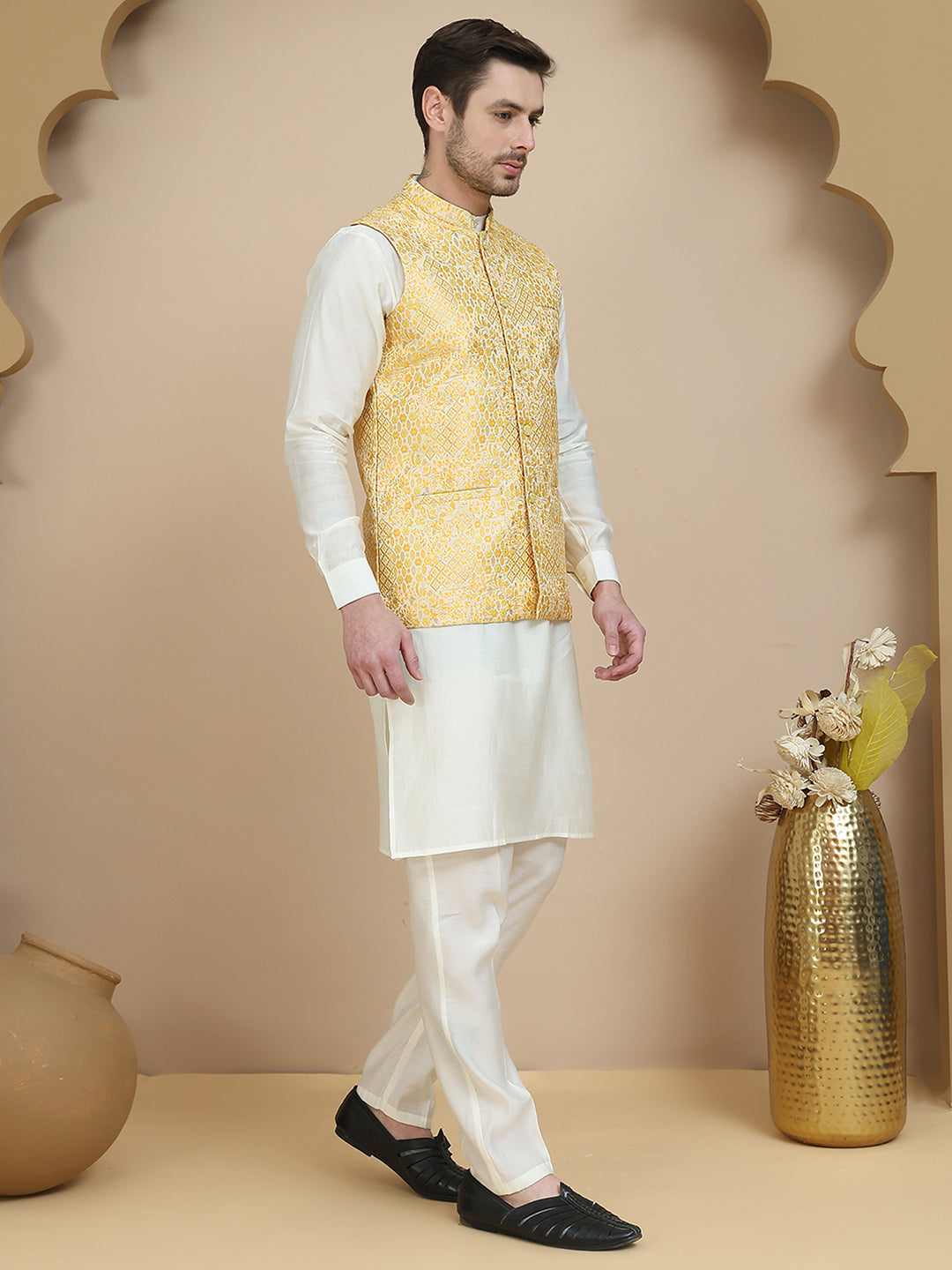 Woven Design Nehru Jacket With Solid Kurta Set For Men