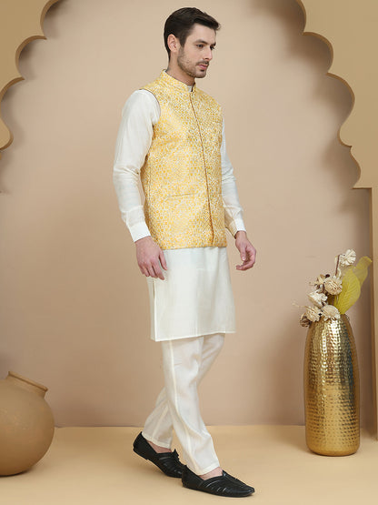 Woven Design Nehru Jacket With Solid Kurta Set For Men