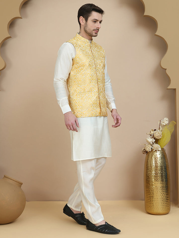 Woven Design Nehru Jacket With Solid Kurta Set For Men
