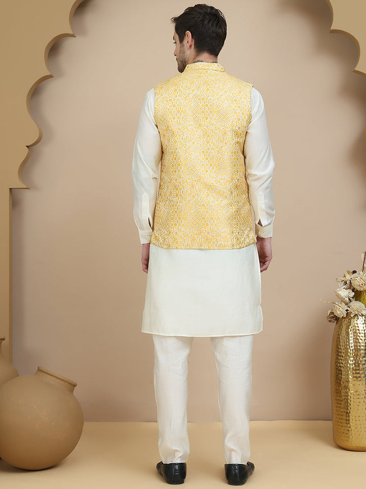 Woven Design Nehru Jacket With Solid Kurta Set For Men