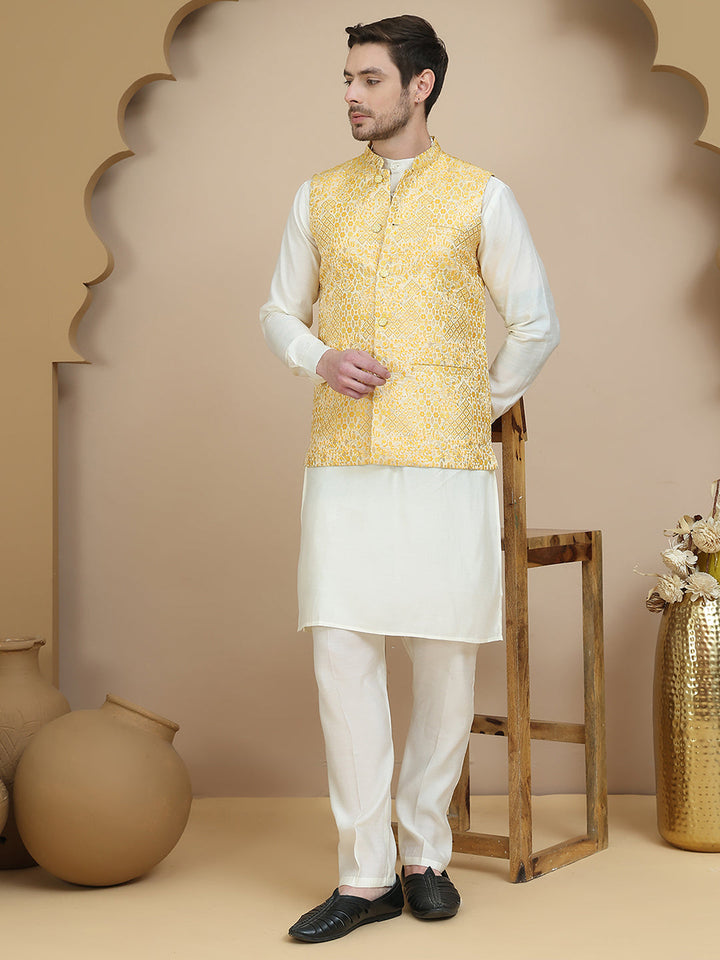 Woven Design Nehru Jacket With Solid Kurta Set For Men