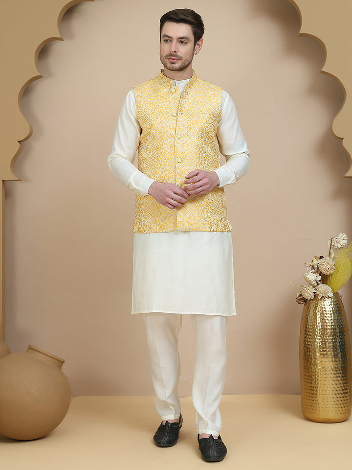 Woven Design Nehru Jacket With Solid Kurta Set For Men