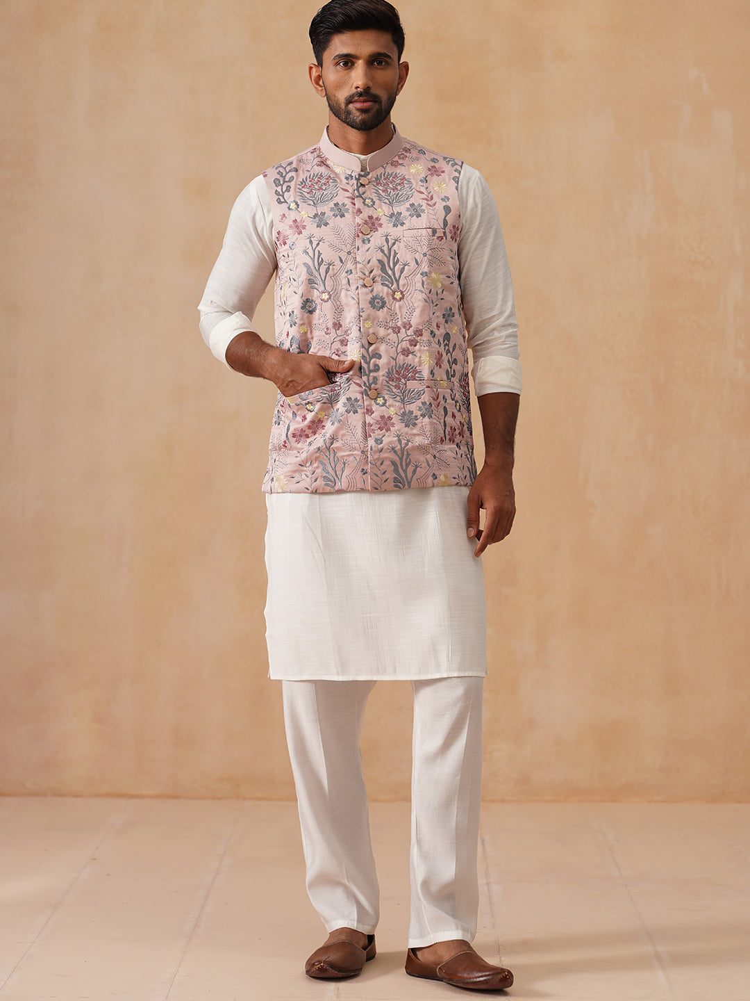 Embroidered Nehru Jacket With Kurta Pyjama Set