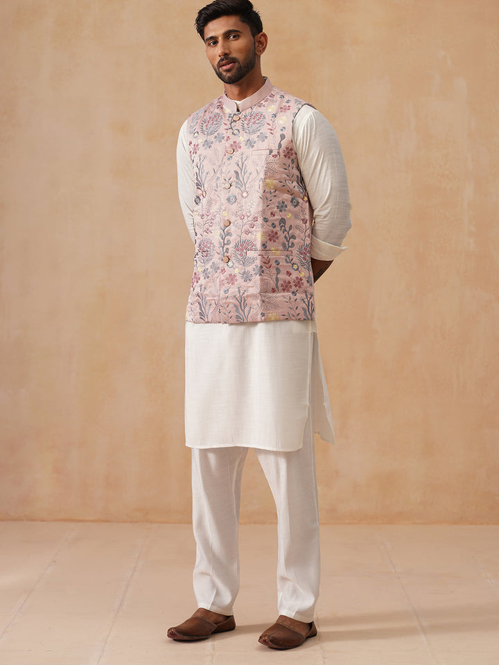 Embroidered Nehru Jacket With Kurta Pyjama Set