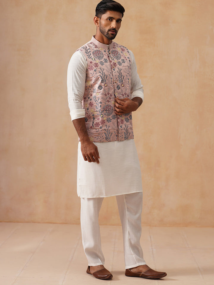 Embroidered Nehru Jacket With Kurta Pyjama Set