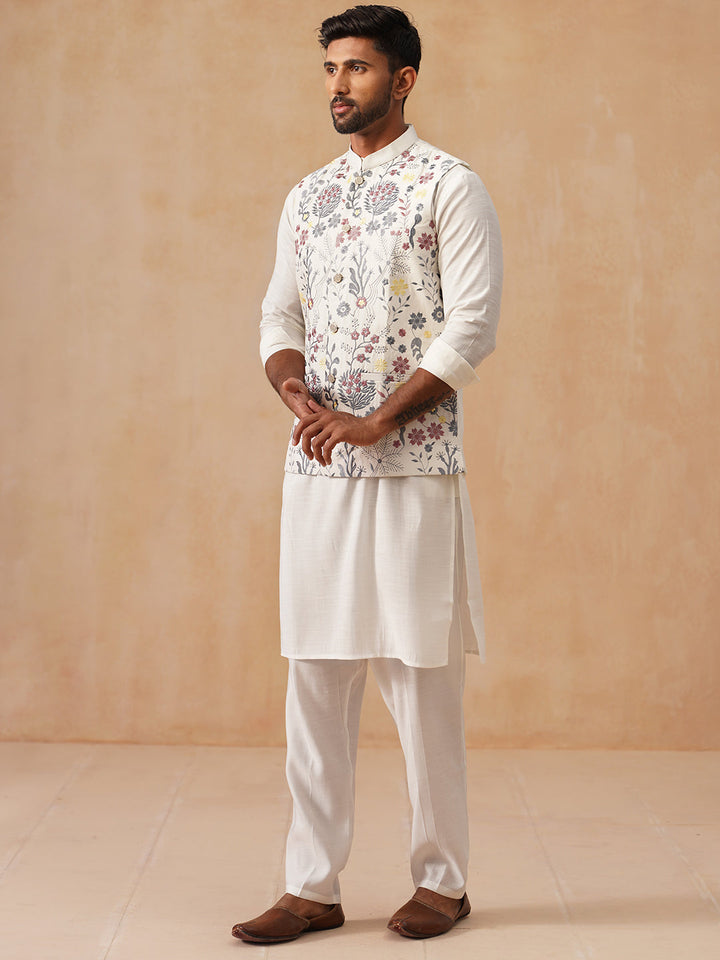 Embroidered Nehru Jacket With Kurta Pyjama Set