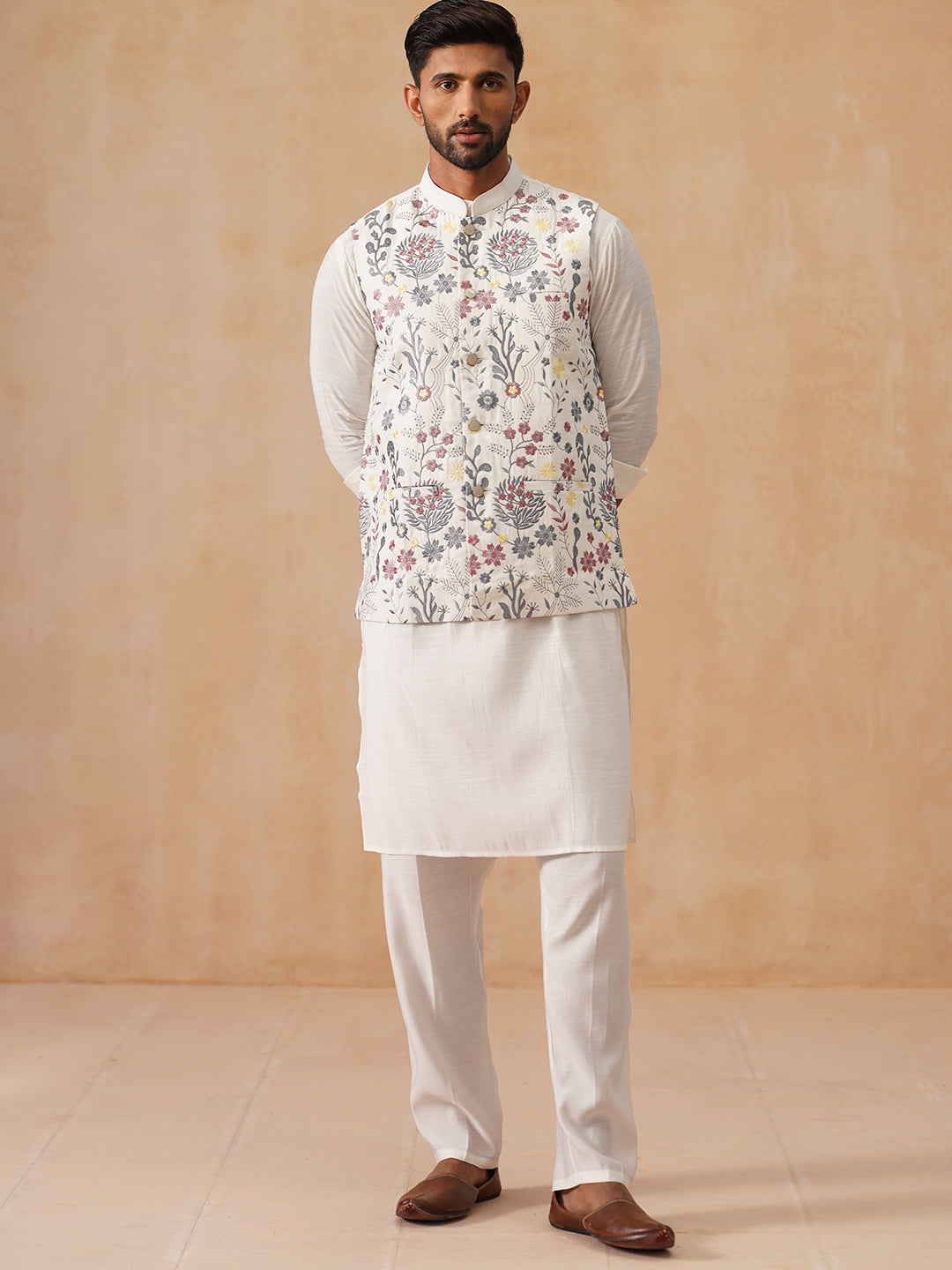 Embroidered Nehru Jacket With Kurta Pyjama Set