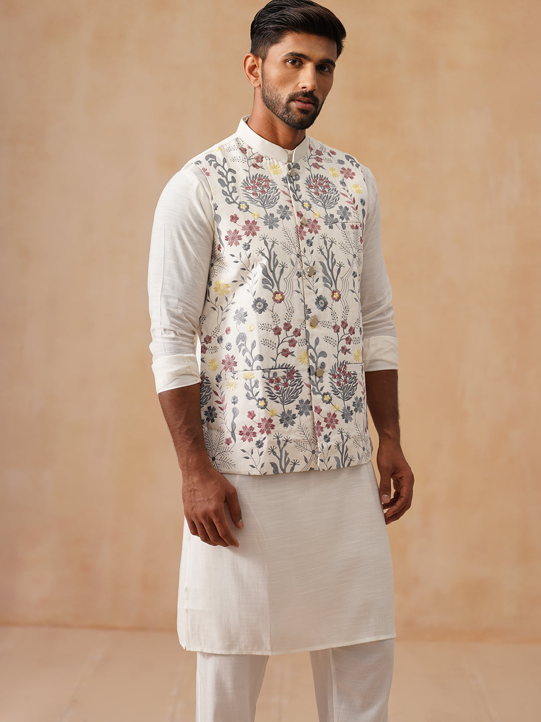 Embroidered Nehru Jacket With Kurta Pyjama Set