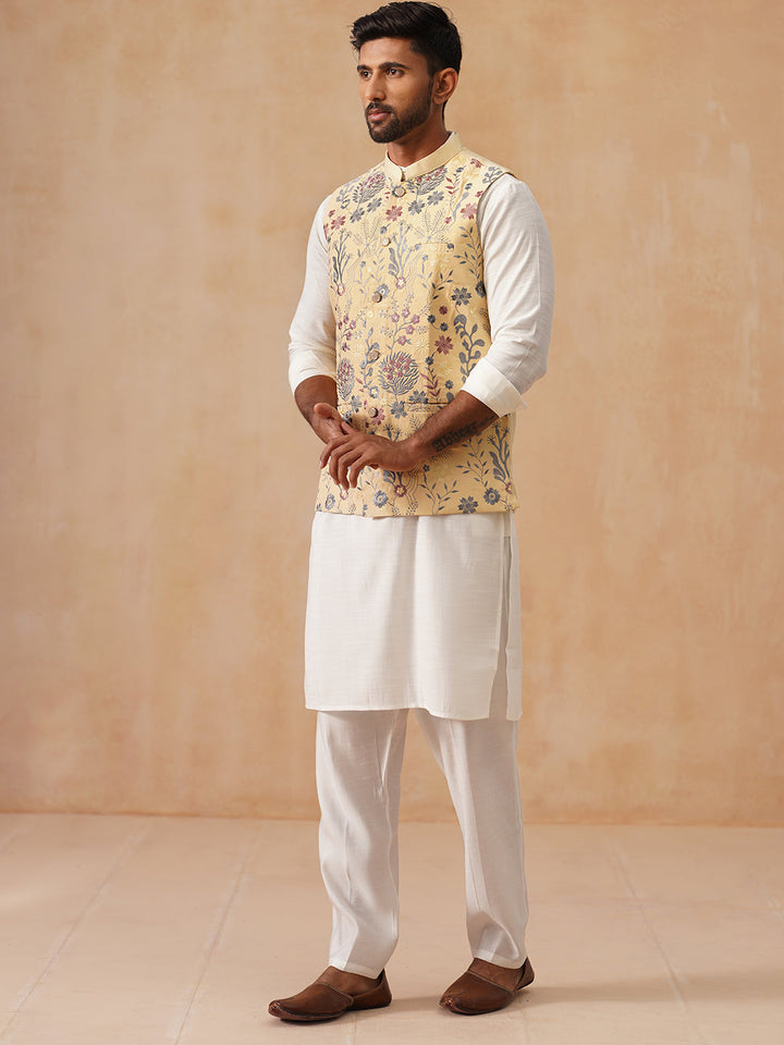 Embroidered Nehru Jacket With Kurta Pyjama Set