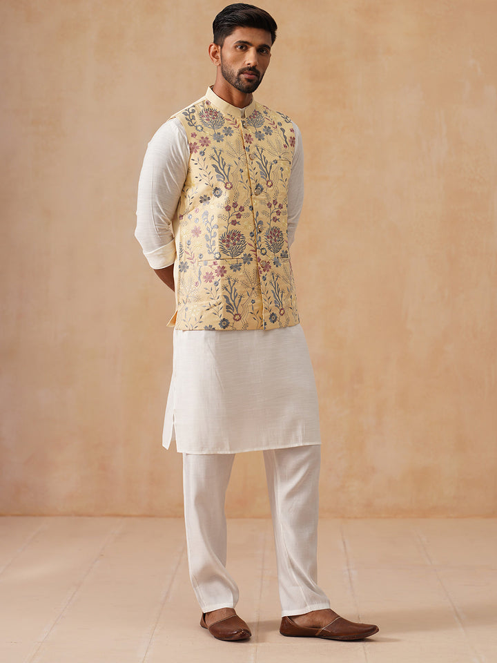 Embroidered Nehru Jacket With Kurta Pyjama Set