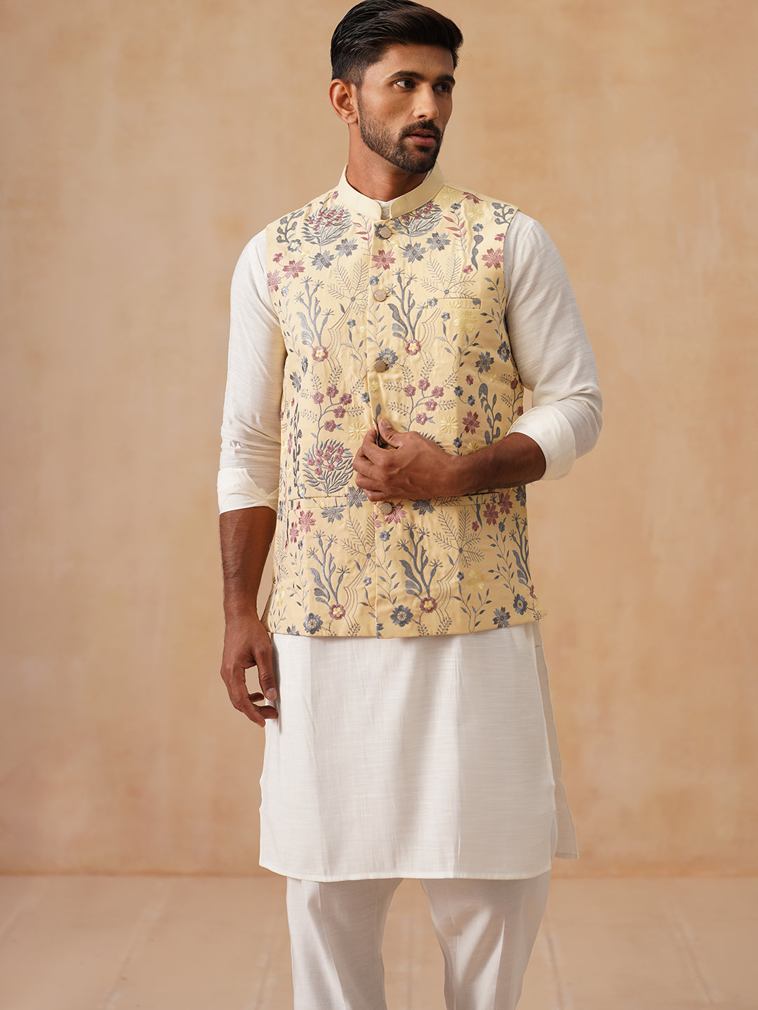 Embroidered Nehru Jacket With Kurta Pyjama Set