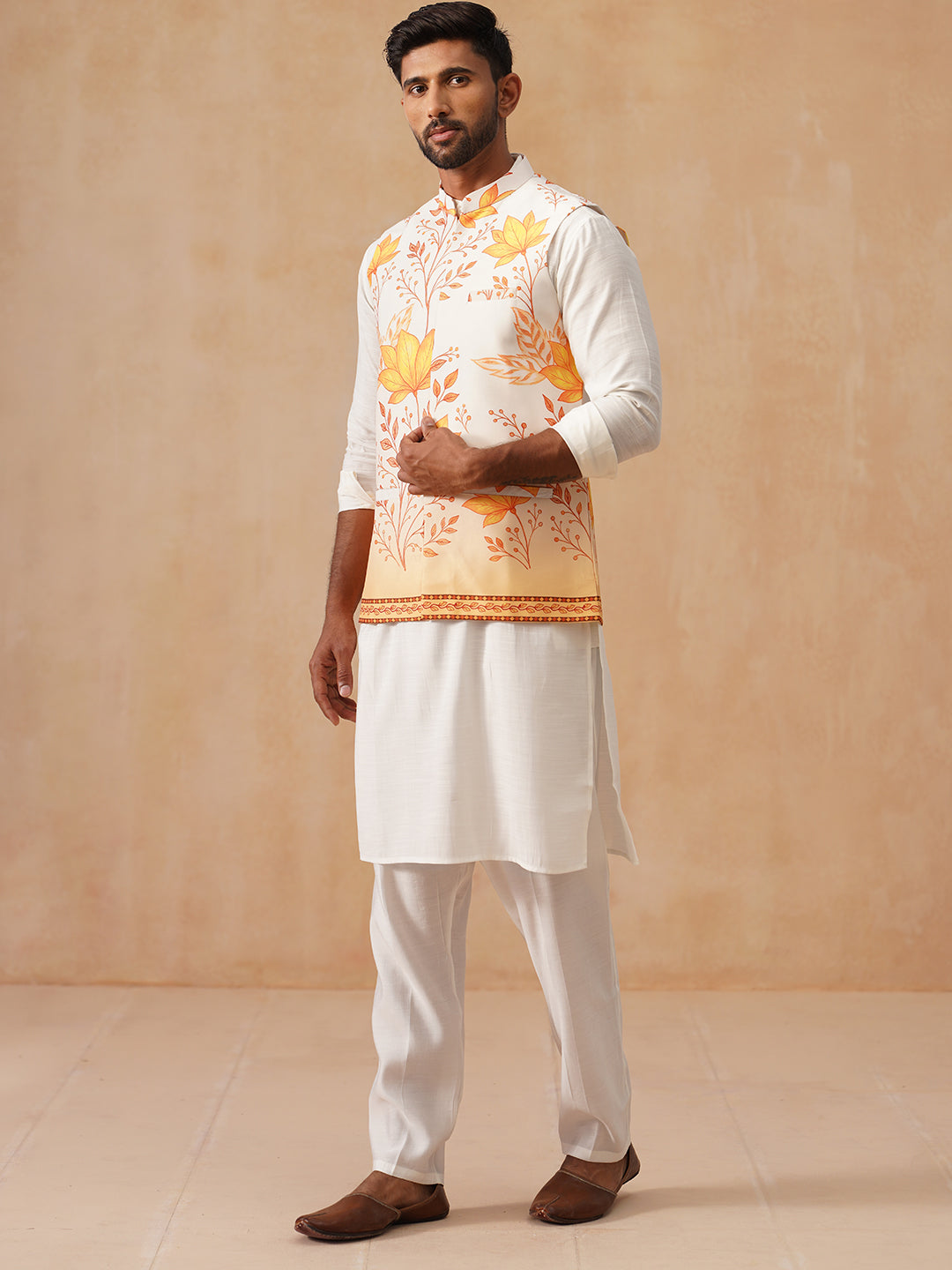 Silk Blend Kurta Pyjama Set With Printed Jacket