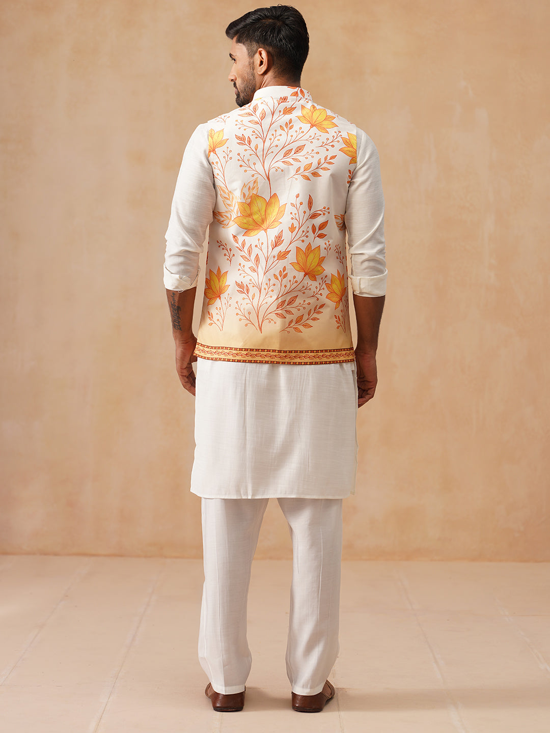 Silk Blend Kurta Pyjama Set With Printed Jacket