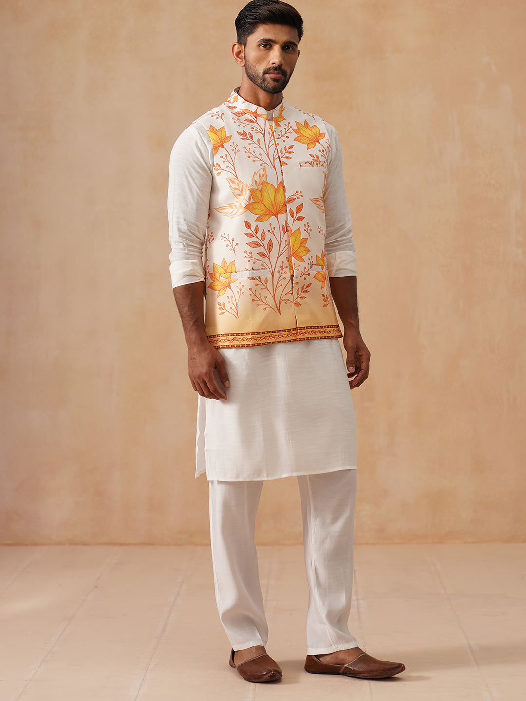 Silk Blend Kurta Pyjama Set With Printed Jacket