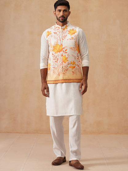 Silk Blend Kurta Pyjama Set With Printed Jacket