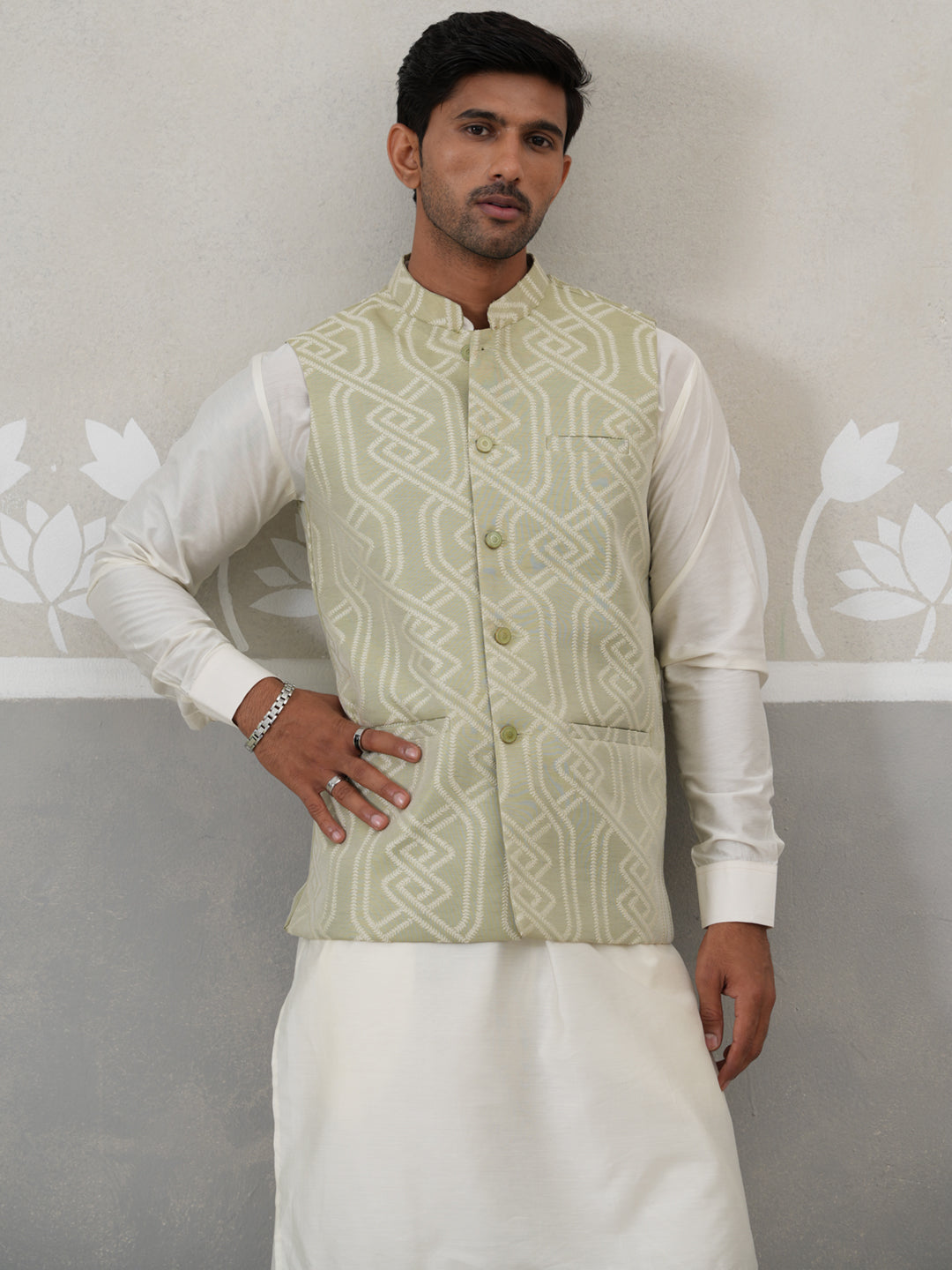 Embroidered Nehru Jacket With Kurta Pyjama