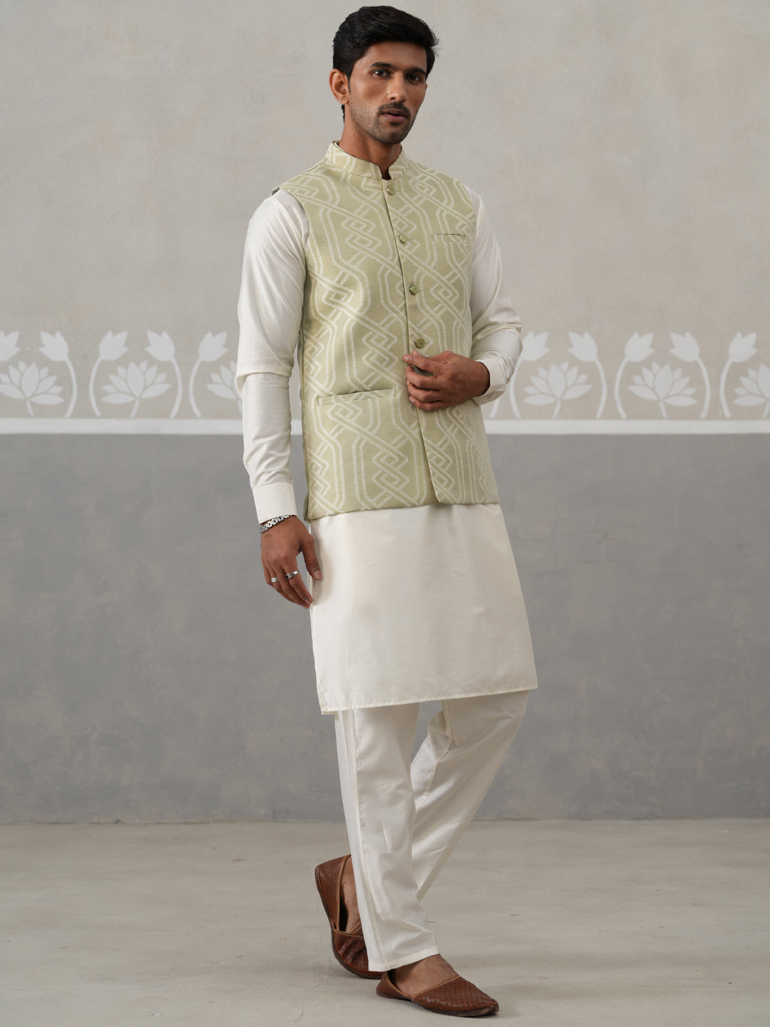Embroidered Nehru Jacket With Kurta Pyjama