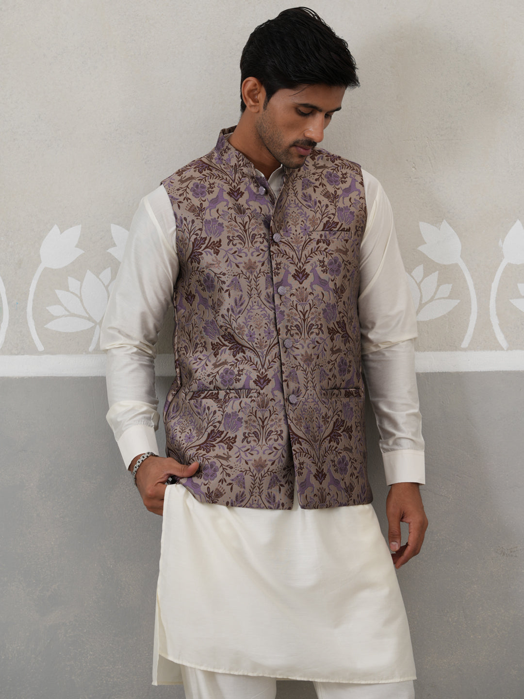 Woven Design Nehru Jacket With Cream Kurta Pyjama Set