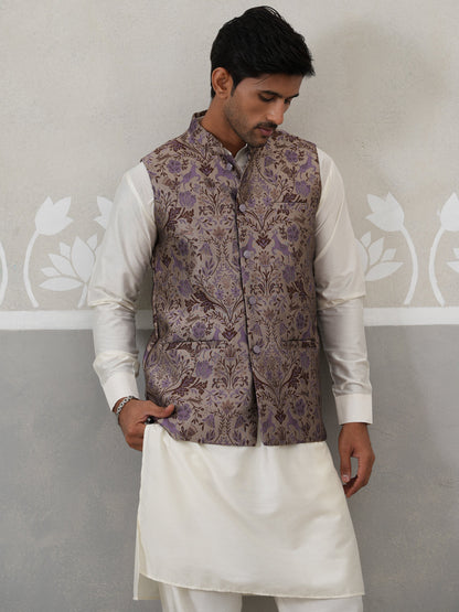 Woven Design Nehru Jacket With Cream Kurta Pyjama Set