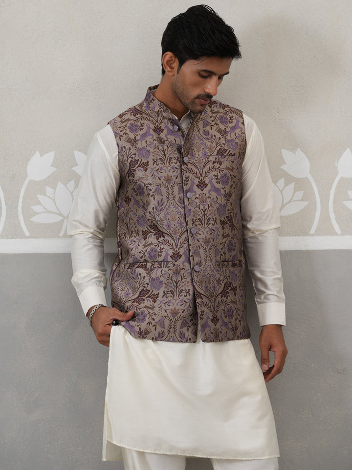 Woven Design Nehru Jacket With Cream Kurta Pyjama Set