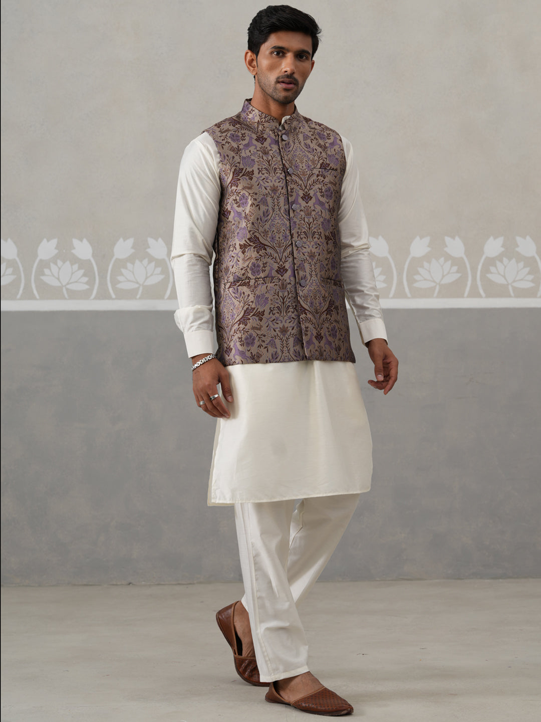 Woven Design Nehru Jacket With Cream Kurta Pyjama Set