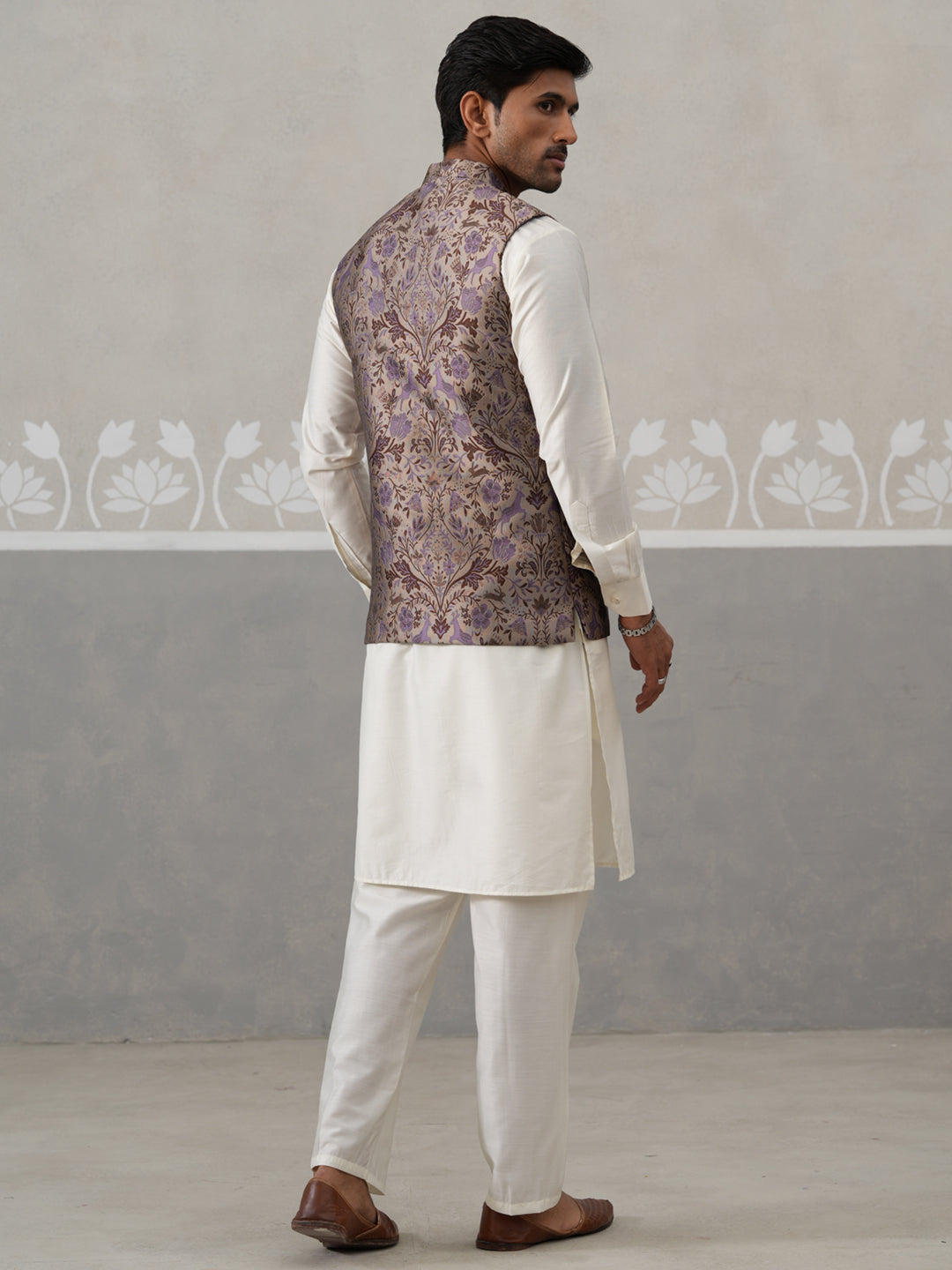 Woven Design Nehru Jacket With Cream Kurta Pyjama Set