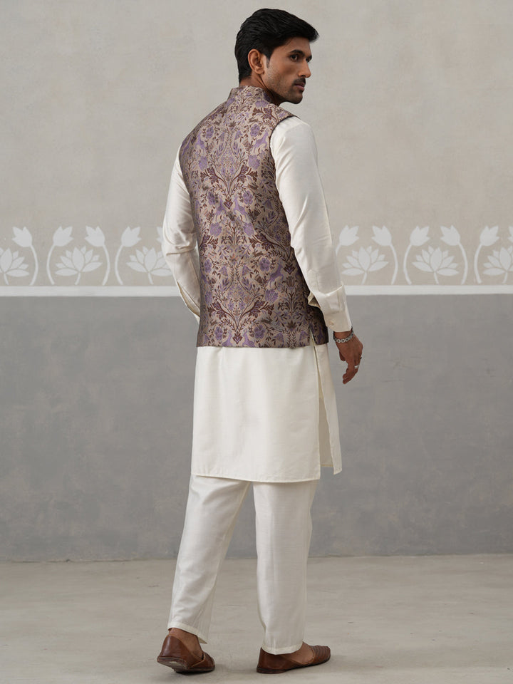 Woven Design Nehru Jacket With Cream Kurta Pyjama Set