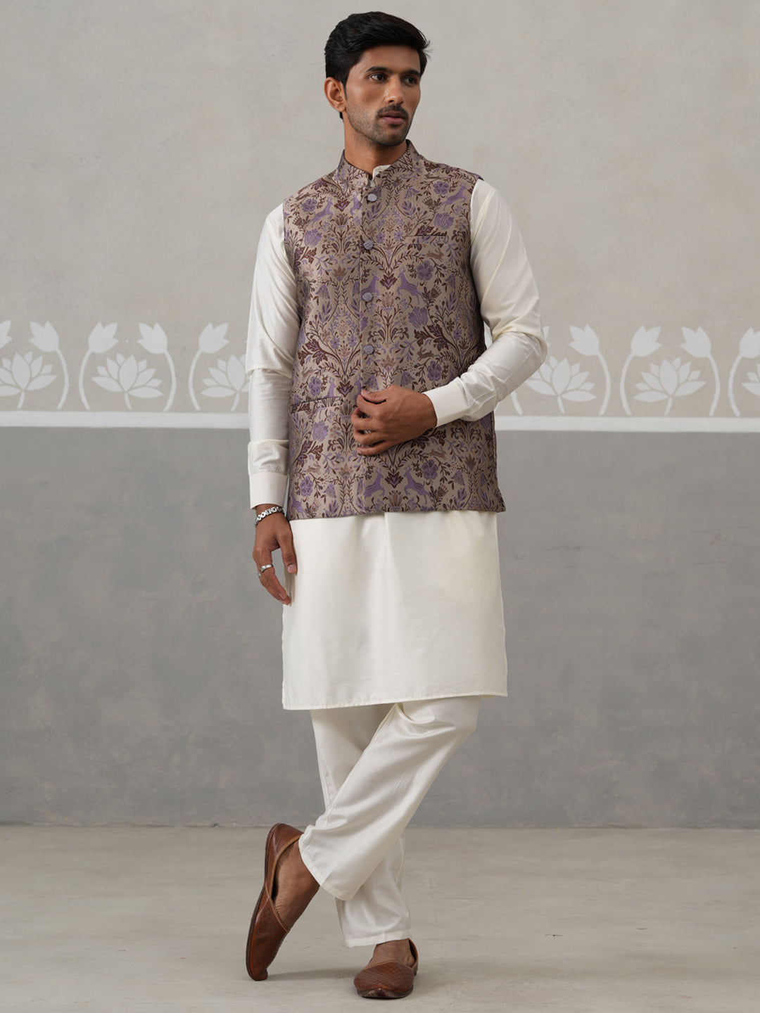 Woven Design Nehru Jacket With Cream Kurta Pyjama Set