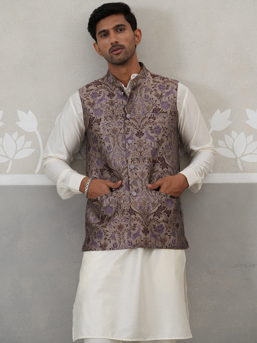 Woven Design Nehru Jacket With Cream Kurta Pyjama Set