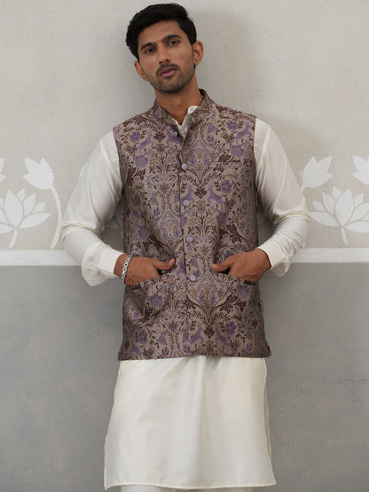 Woven Design Nehru Jacket With Cream Kurta Pyjama Set