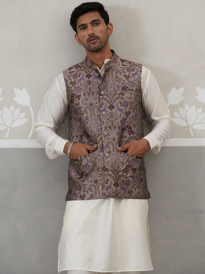 Woven Design Nehru Jacket With Cream Kurta Pyjama Set