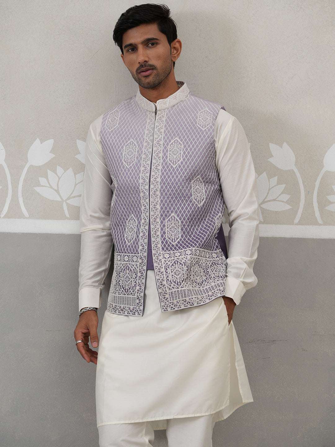 Embroidered Silk Blend Nehru Jacket Kurta Set