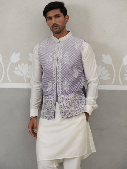 Embroidered Silk Blend Nehru Jacket Kurta Set