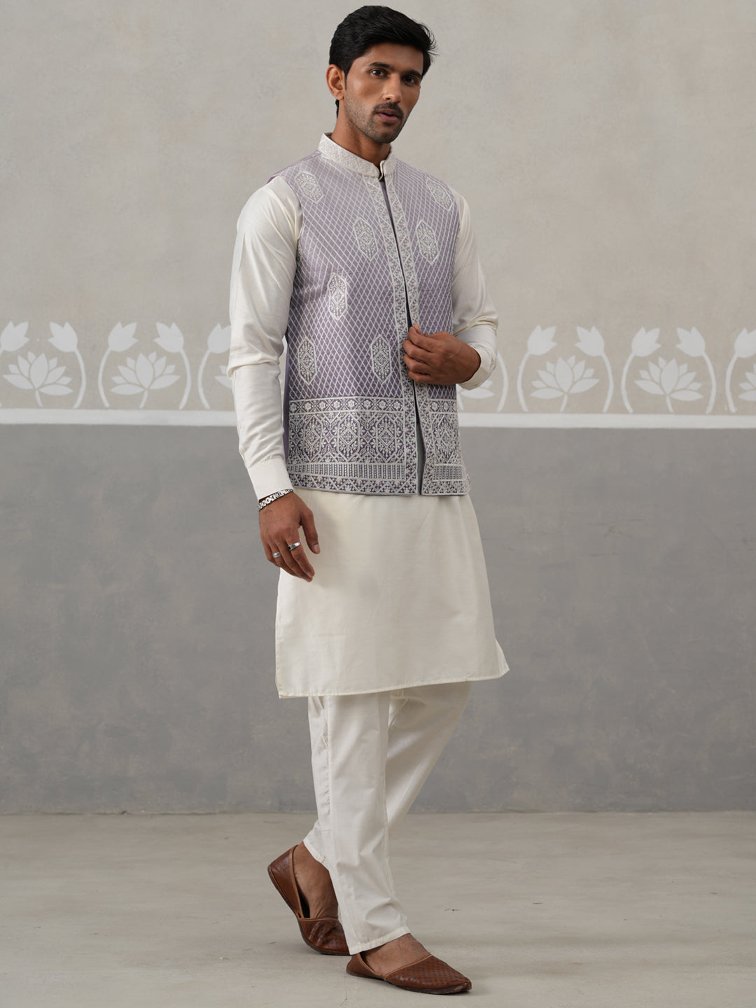 Embroidered Silk Blend Nehru Jacket Kurta Set