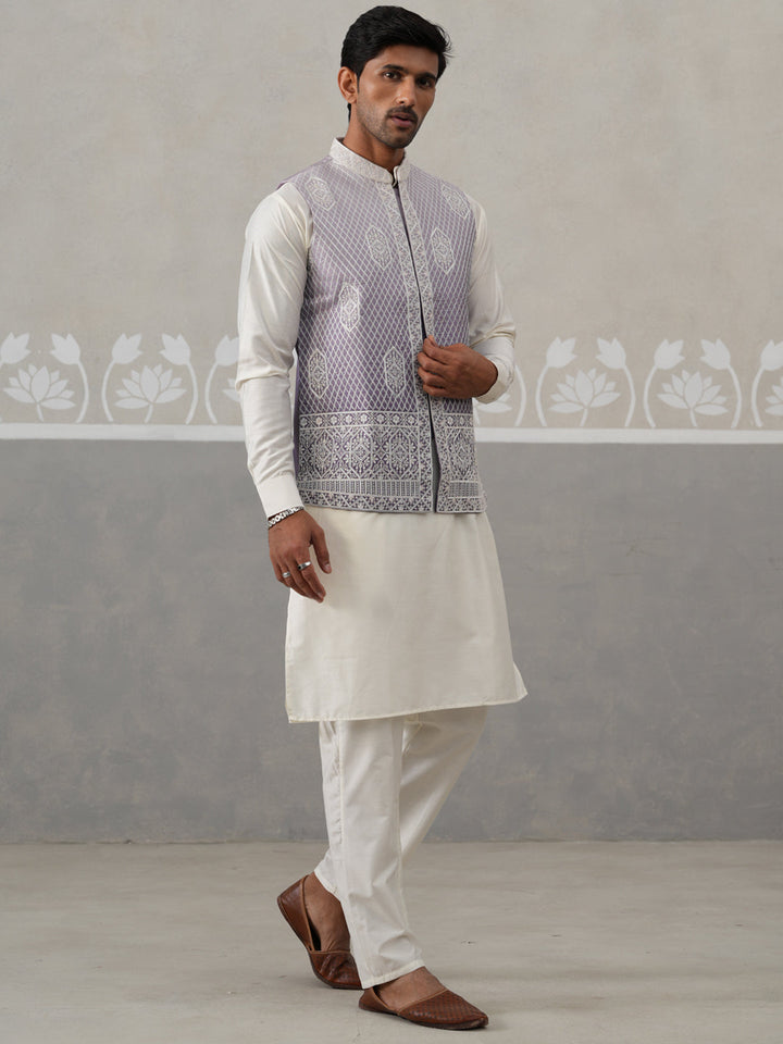 Embroidered Silk Blend Nehru Jacket Kurta Set