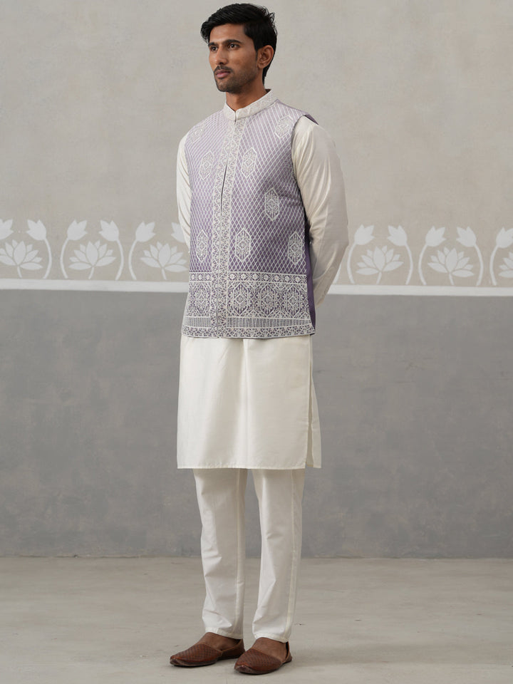 Embroidered Silk Blend Nehru Jacket Kurta Set