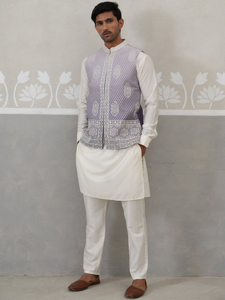 Embroidered Silk Blend Nehru Jacket Kurta Set