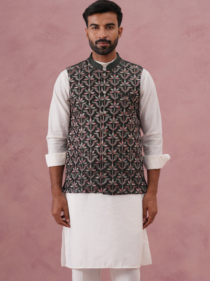 Festive Embroidered Nehru Jacket With Classic Kurta Pyjama