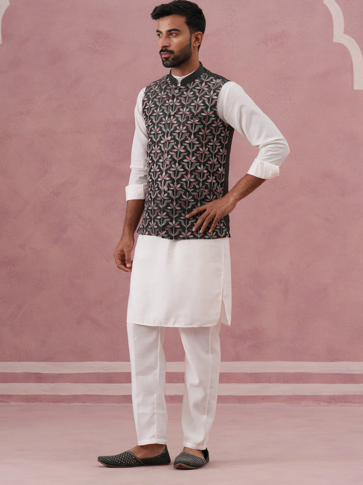 Festive Embroidered Nehru Jacket With Classic Kurta Pyjama