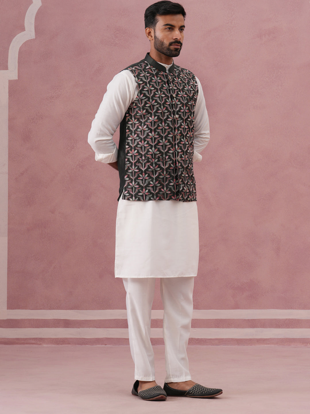 Festive Embroidered Nehru Jacket With Classic Kurta Pyjama