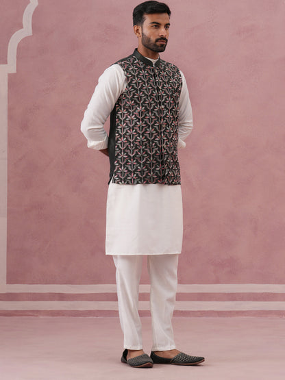 Festive Embroidered Nehru Jacket With Classic Kurta Pyjama